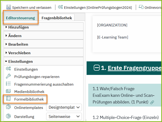 Zugriff Formelbibliothek