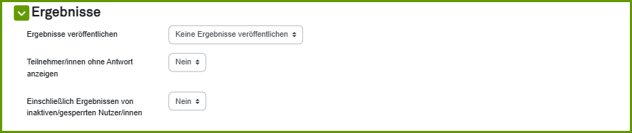 Einstellmöglichkeiten der Ergebnisse: Veröffentlichen, anzeigen und selektieren, welche Daten angezeigt werden.
