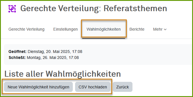 Anzeige Wahmöglichkeiten in der Kursnavigation, unten Option Wahlmöglichkeiten anzulegen oder CSV-Dateien zu laden.