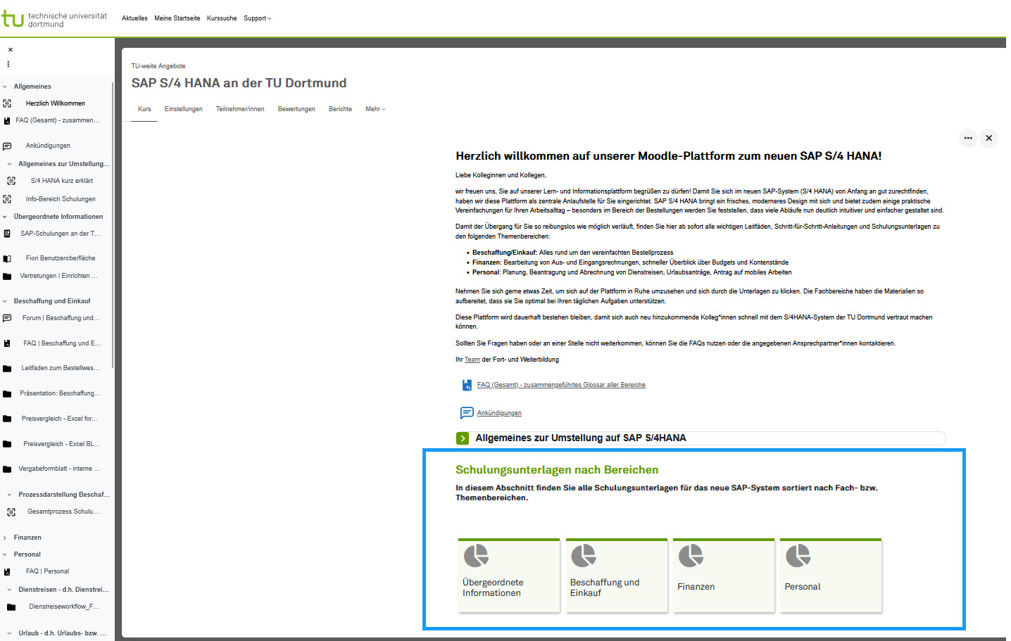 Startansicht Moodle - Umrandung der Bereiche